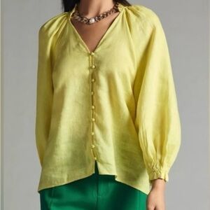 Maeve Anthropologie The Audie Linen Puff Sleeve Blouse Ruffled Collar/Sleeves S